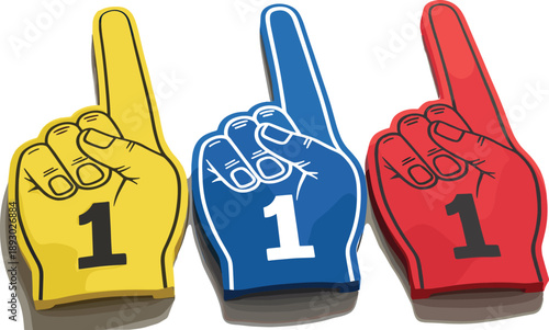 Three colorful foam fingers pointing upward with “#1” printed, symbolizing team spirit, support, and sports enthusiasm