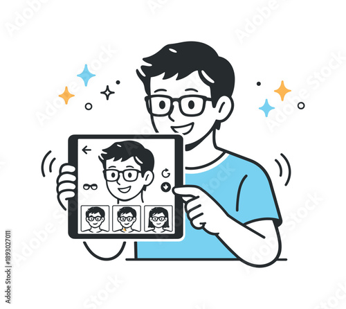 Virtual Glasses Try-On. AR eyewear virtual try-on. A user smiles while previewing different glasses frames on a tablet screen. Easy comparison, friendly