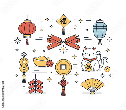 Festive Minimalist Icons. Chinese New Year celebration icons. Minimal lanterns, firecrackers and lucky charms arranged symmetrically, creating a structured and