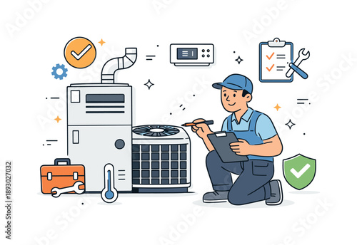 HVAC System Check. Maintenance and service. A technician calmly inspecting a home heating and cooling system, friendly interaction and trust, simple tools and