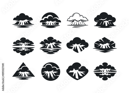 Dark Skies Logos. Dark skies after the storm. Icon set. Set Logo of Dark skies after the storm: dramatic sky with light rays. harmonious logo variations of the