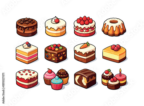Colorful Cake Icons. Cake Types. Colorful isometric vector icons set of Cake Types: chocolate cake, vanilla cake, strawberry shortcake, layered sponge cake,