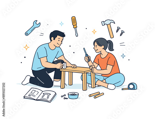 Couple Assembling Furniture. Couple decorating home. Partners assembling simple furniture together. Light domestic activity with friendly interaction and