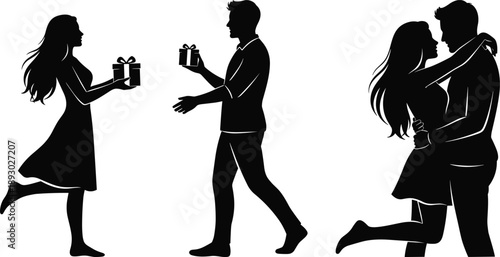 Black silhouette of a romantic young couple giving surprise gift boxes and hugging, love and relationship vector illustration for Valentines Day celebration,