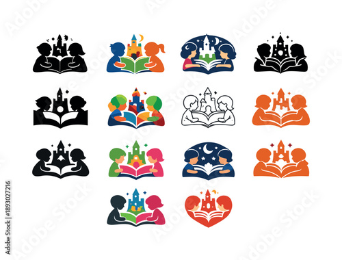 Kids Storybook Logos. Kids creating storybooks. Icon set. Set Logo of kids creating storybooks: storytelling scene with kids. harmonious logo variations of the