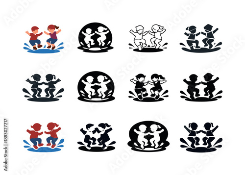 Siblings Play Icon Set. Siblings playing. Icon set. Set Logo of siblings playing: brother and sister jumping in puddles. harmonious logo variations of the same