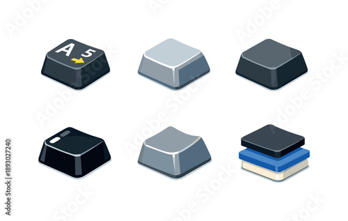 Colorful Keyboard Icons. Keyboard Detail. Isometric flat vector icons set of Keyboard Detail: keycap legends surface, beveled key edges, matte key texture,