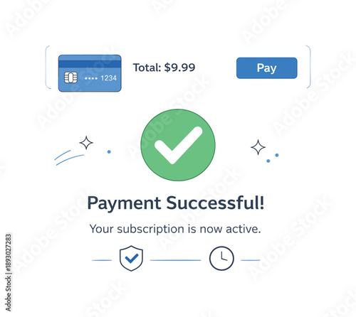 Seamless Payment Confirmation. Subscription payment confirmation scene. Clean checkout interface with credit card, checkmark and minimal confirmation message,