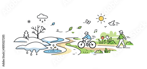 Transition to Spring. Winter silence to spring activity. Snowy ground melting into paths, plants and light outdoor movement. Calm but dynamic composition