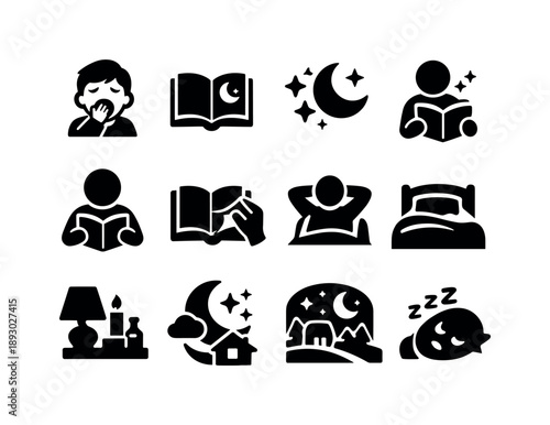 Sleepy Story Icons. Sleepy time stories. Solid icon set of Sleepy time stories: yawning child, bedtime book, moon and stars, calming story icon, gentle