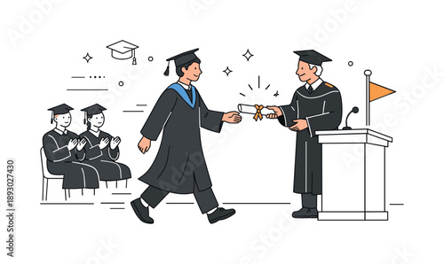 Graduation Ceremony Illustration. Graduation day ceremony. A graduate walking across the stage to receive a diploma. Sense of achievement, pride, and formal