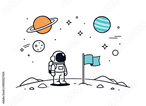 Astronaut's Planetary Triumph. Planet exploration scene. An astronaut standing on a distant planet surface, flag planted nearby, with planets and moons above.