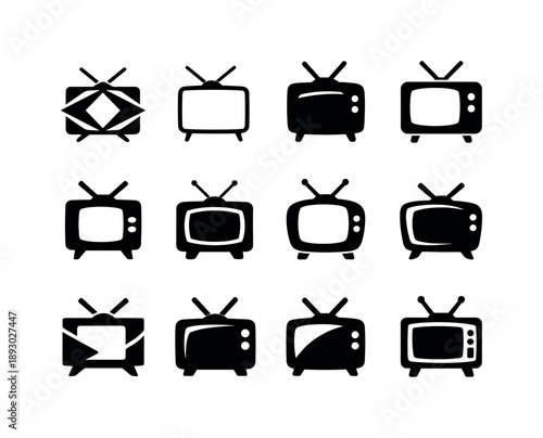 Television Evolution Icons. Historical evolution of television. Icon set. Set Logo of Historical evolution of television: black and white TV antenna.