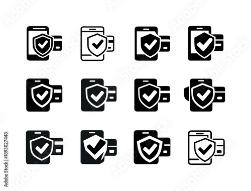 Financial App Icon Set. Using a financial app. Icon set. Set Logo of using a financial app: secure payment confirmation. harmonious logo variations of the same