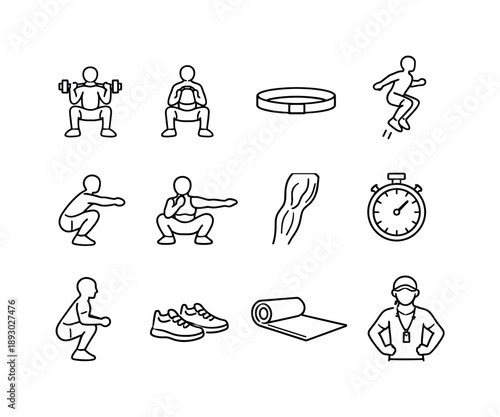 Squat Exercise Icons. Fitness Squat Set. Line icon set of Fitness Squat Set: dumbbell squat, kettlebell goblet squat, resistance loop, squat jump, deep squat,