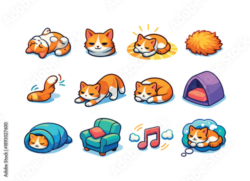 Lazy Cat Icons. Lazy Cat Day. Colorful isometric vector icons set of Lazy Cat Day: relaxed cat pose, half-closed eyes, sunny nap patch, fur fluff, tiny twitch,