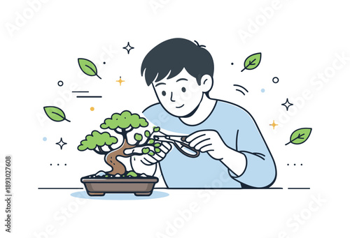 Bonsai Care Focus. Caring for bonsai trees. A person carefully trims a small bonsai with scissors, focused and calm. Mindful routine, patience, and quiet