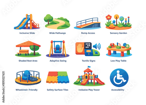 Inclusive Playground Icons. Universal design playground. Colorful flat vector icons set of universal design playground: inclusive slide, wide pathways, ramp