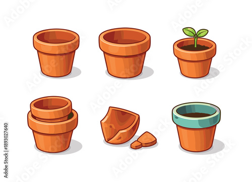 Terracotta Pots Icons. Terracotta Pots. Isometric flat vector icons set of Terracotta Pots: classic terracotta flower pot, wide rim pot, small seedling pot,
