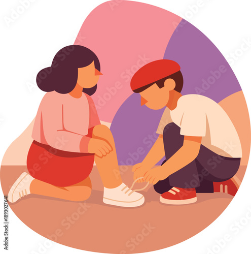 Young boy helping friend tie shoelaces expressing care and affection Vector illustration