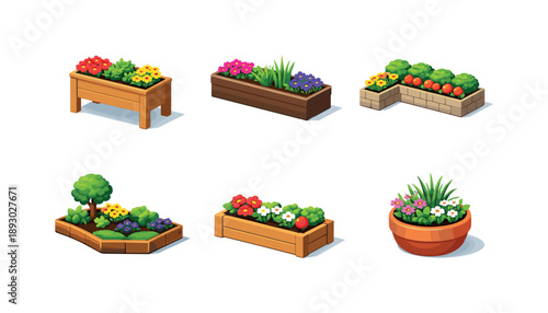 Outdoor Planter Vectors. Outdoor. Isometric flat vector icons set of outdoor: patio planter box, deck planter container, garden border planter, landscape