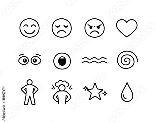 Human Emotion Icons. Human emotions. Line icon set of Human emotions: joy icon, sadness symbol, anger lines, love heart, fear eyes, surprise mouth, calm wave,