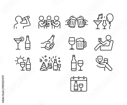 Alcohol Icon Set. Alcohol consumption. Line icon set of Alcohol consumption: drinking person, social drinking, toast gesture, party celebration, night out