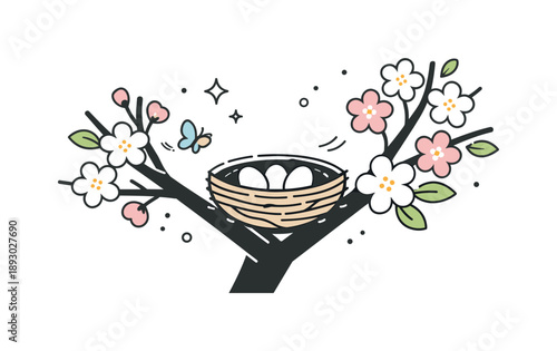 Nest in Bloom. Bird nest in blooming tree scene. A minimal nest resting in the fork of a branch, surrounded by soft blossoms and light spring elements.