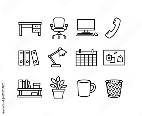 Small Office Icon Set. Small business office. Line icon set of Small business office: office desk, rolling chair, desktop computer, phone handset, file