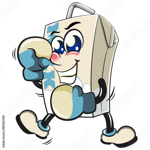 cute milk carton mascot character with straw practicing boxing wearing boxing glove, isolated vector illustration, work of hand drawn
