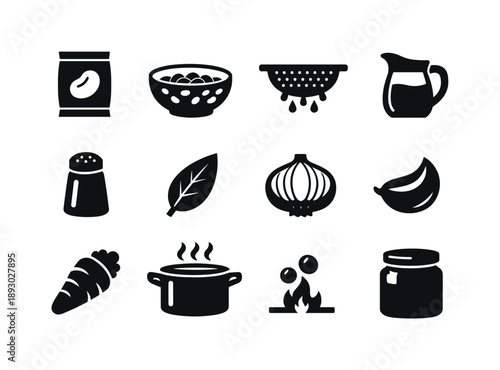 Dry Beans Icons. Dry beans preparation. Solid icon set of Dry beans preparation: dry beans pack, soaking bowl, rinsing colander, water jug, salt container, bay