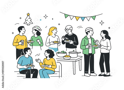Warm Holiday Gathering. People hosting holiday potluck conversation. Guests standing or sitting with plates in hands, chatting comfortably. Easy social flow