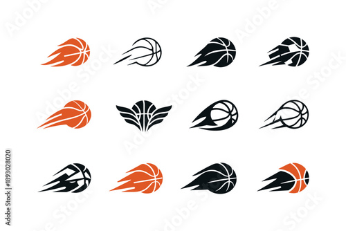 Basketball Logo Variations. Shooting hoops. Icon set. Set Logo of shooting hoops: dynamic basketball motion trail. harmonious logo variations of the same