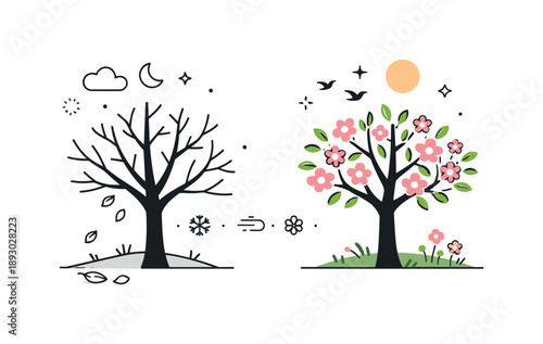 Seasonal Transition Illustration. Nature changing moment. Trees or plants partially bare and partially blooming, representing seasonal transformation. Gentle