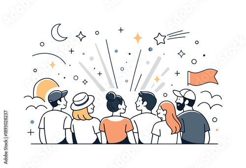 Evening Festival Crowd. Festival crowd evening. Crowd calmly watching lights or performance, soft smiles and sense of memorable moment with abstract decorative