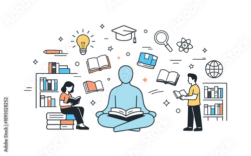 Floating Knowledge Scene. Library visitors concept scene. Central abstract figure surrounded by floating books, shelves, and light icons of learning. Visual