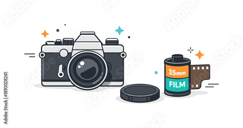 Retro Camera Aesthetic. Vintage photo gear. Manual film camera, lens cap, and 35mm film canister placed on a clean surface in a balanced layout. Calm editorial