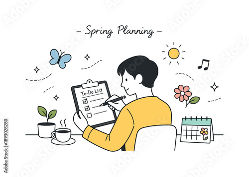 Spring To-Do Review. Spring planning illustration. A person reviewing a to-do list while soft spring elements float around, creating a sense of renewal. The