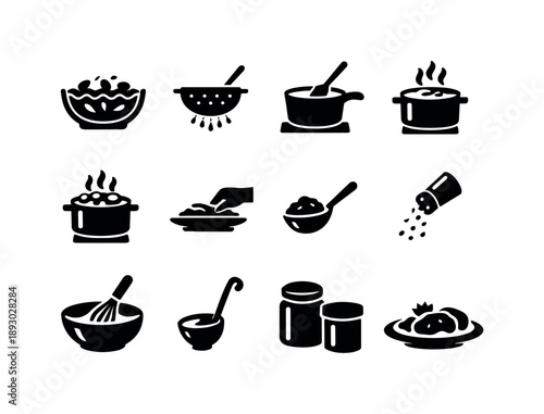 Kitchen Action Icons. Kitchen actions. Solid icon set of Kitchen actions: soaking, rinsing, stirring, simmering, boiling, serving, scooping, seasoning, mixing,