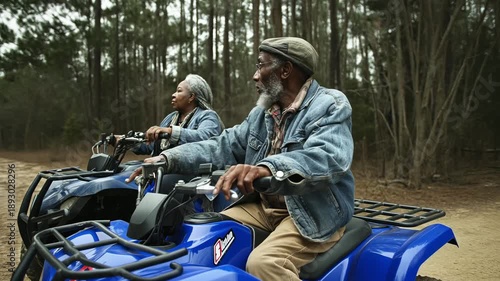 Elderly African American couple rides ATVs. Senior man drives confidently. Mature woman follows behind. Forest trail adventure. They admire nature quietly.