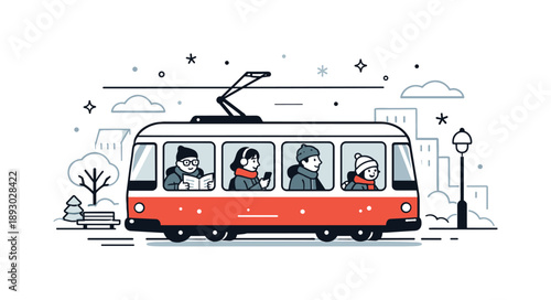 Winter City Commute. Public Transport in Winter. A tram or bus moving through a snowy city street, with simple characters visible inside. The illustration