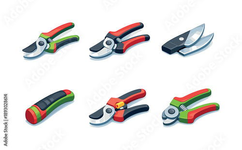Colorful Pruning Shears Icons. Gardening pruning shears. Isometric flat vector icons set of gardening pruning shears: bypass pruning shears, anvil pruning