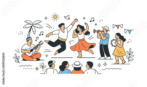 Cultural Rhythms Celebration. Music and dance festival. Performers playing instruments and dancing while spectators watch peacefully. Rhythm, expression, and