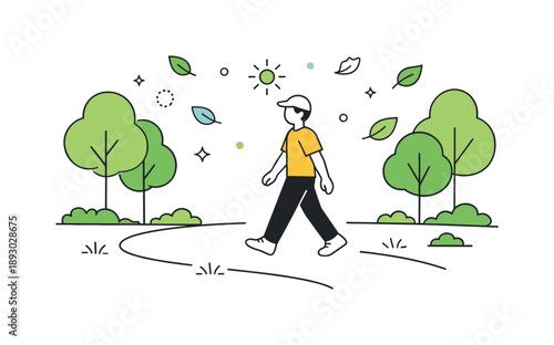 Serene Park Stroll. Walking in the park. A person strolling along a tree-lined path with soft sunlight and abstract leaves floating around. Calm, peaceful