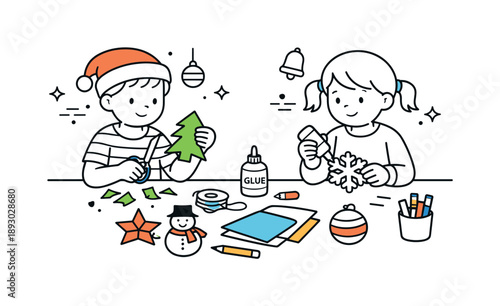 Kids Holiday Crafting. Holiday crafting for kids. Children making handmade decorations with paper, glue, and simple tools. Calm creativity and