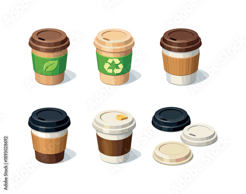 Colorful Disposable Cups. Disposable cup. Isometric flat vector icons set of disposable cup: eco paper coffee cup, biodegradable coffee cup, cup with cardboard