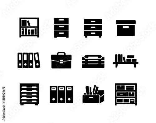 Office Storage Icons. Office storage. Solid icon set of office storage: bookshelf, filing cabinet, drawer unit, archive box, binder row, document case, storage