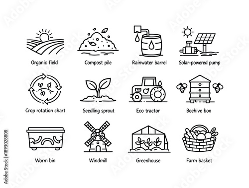 Eco Farming Icons. Eco farming. Line icon set of eco farming: organic field, compost pile, rainwater barrel, solar-powered pump, crop rotation chart, seedling