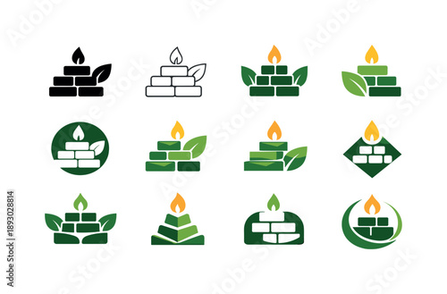 Eco-Wax Candle Icons. Candle making with eco-friendly wax. Icon set. Set Logo of candle making with eco-friendly wax: wax melt block. harmonious logo
