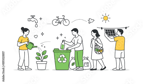 Eco-Friendly Routine. Green daily routine. A simple scene of people reducing waste and saving resources, calm movements and open space suggesting mindfulness
